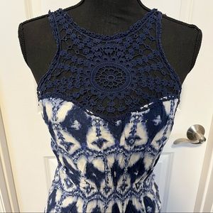 Bohemian Tie dye crochet neckline blue and white maxi dress